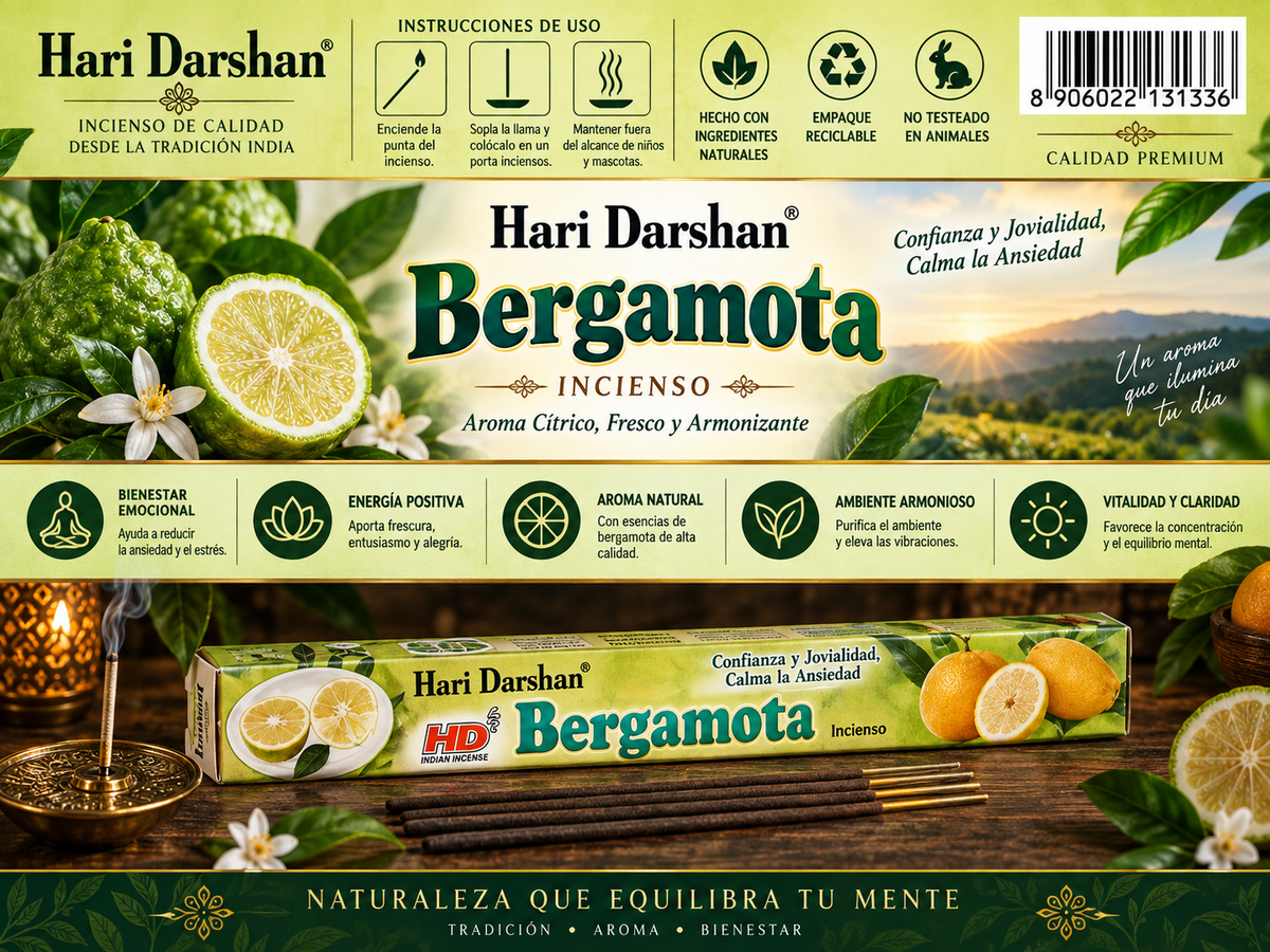 Incienso Hari Darshan - Bergamota: Aroma Cítrico, Fresco y Armonizante
