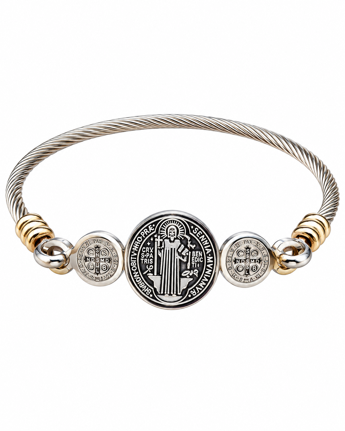 Brazalete de San Benito en Acero Bicolor | Fortaleza Interior, Protección y Discernimiento