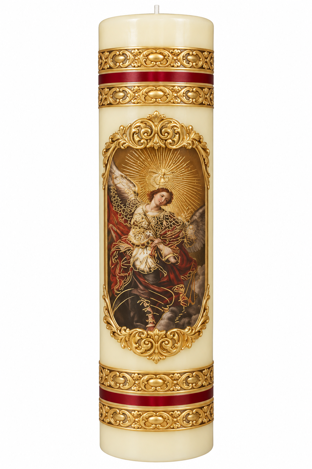 Cirio del Arcángel San Miguel en cera con relieve dorado