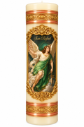 Cirio del Arcángel San Rafael en cera con relieve dorado