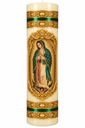 Cirio de la Virgen de Guadalupe en cera marfil con relieve dorado
