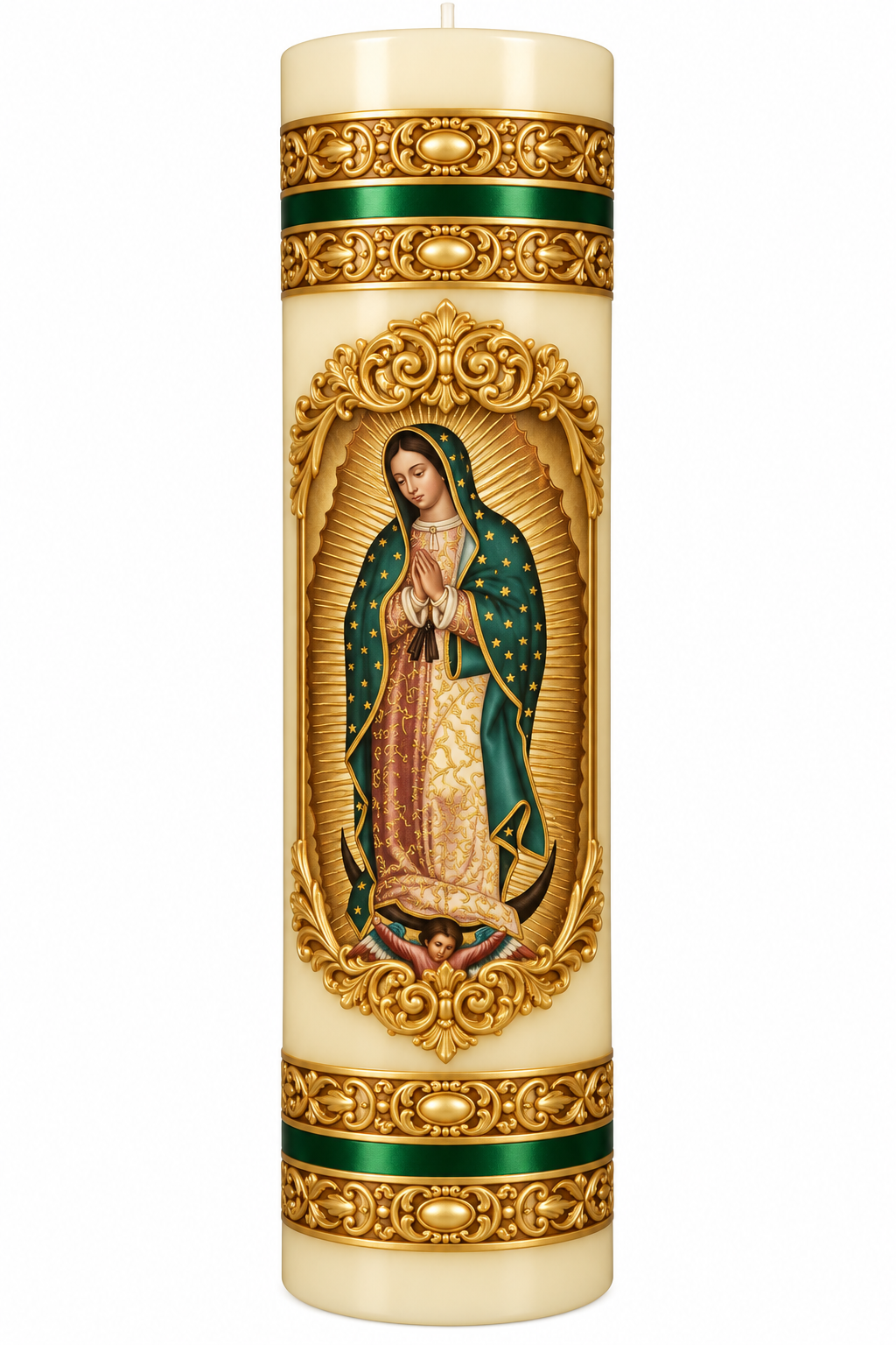 Cirio de la Virgen de Guadalupe en cera marfil con relieve dorado