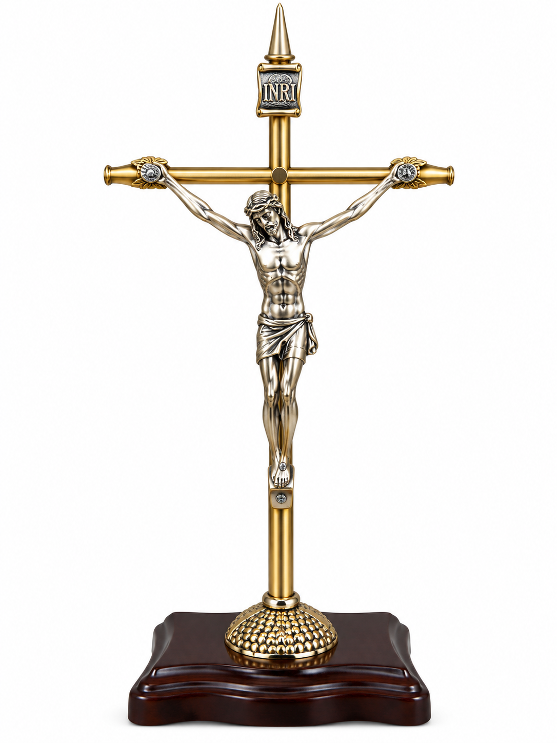 Crucifijo de mesa en metal dorado y Cristo Plateado sobre base de madera
