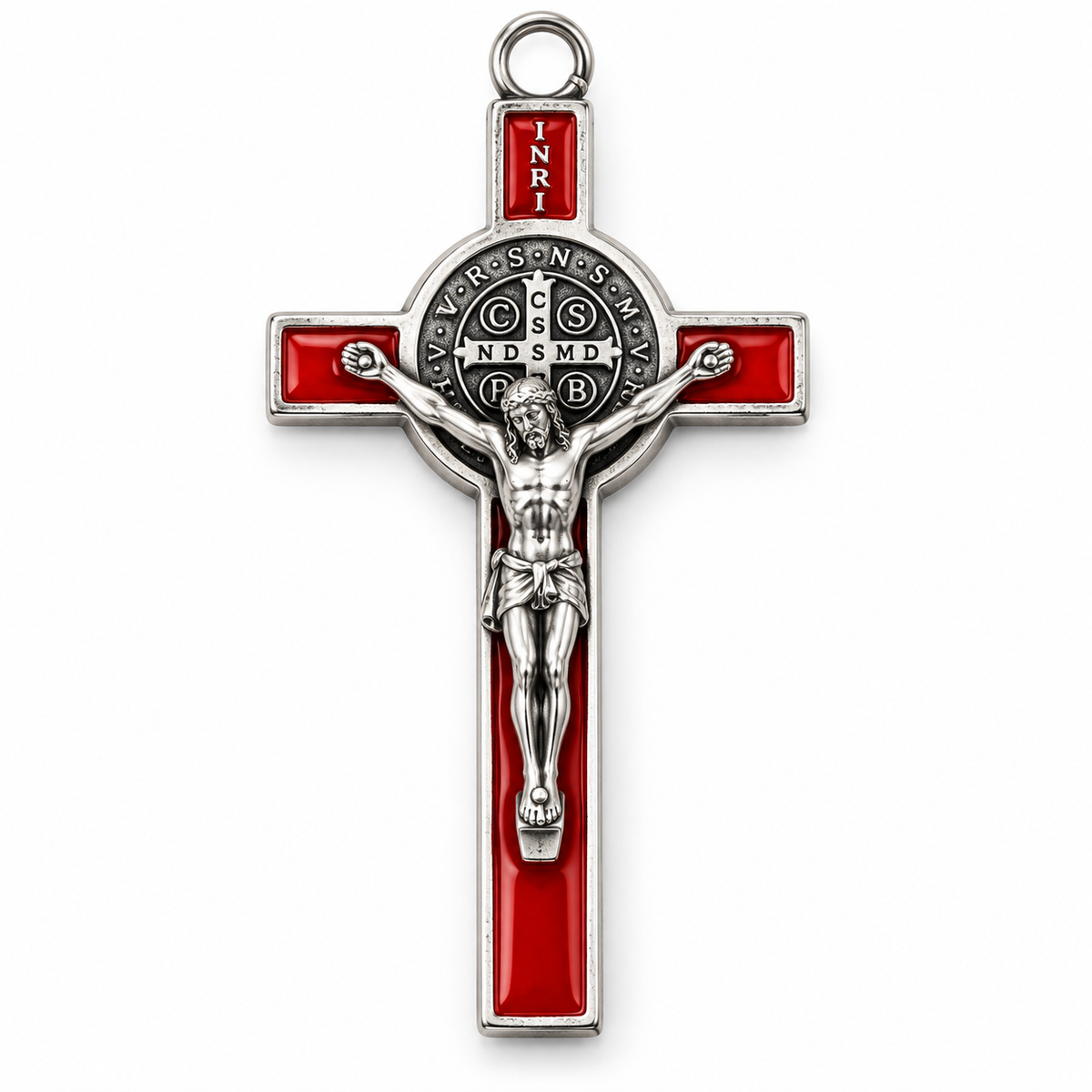 Crucifijo de San Benito para Cadena con Esmalte Rojo