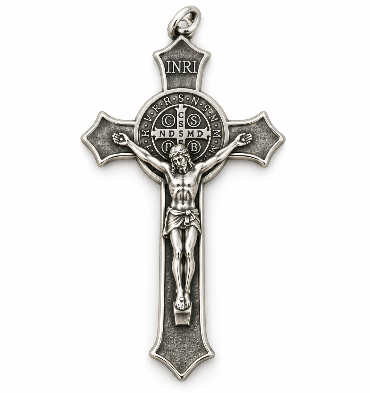 Crucifijo de San Benito para cadena en acabado plata | Protección Personal, Fe y Fortaleza