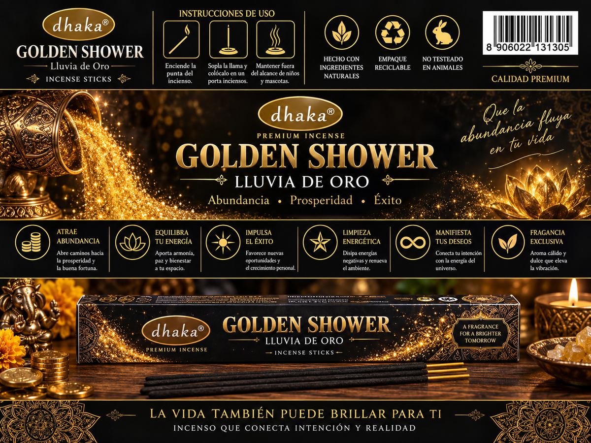 Incienso Premium Lluvia de Oro (Golden Shower) - Dhaka | Abundancia, Prosperidad y Éxito