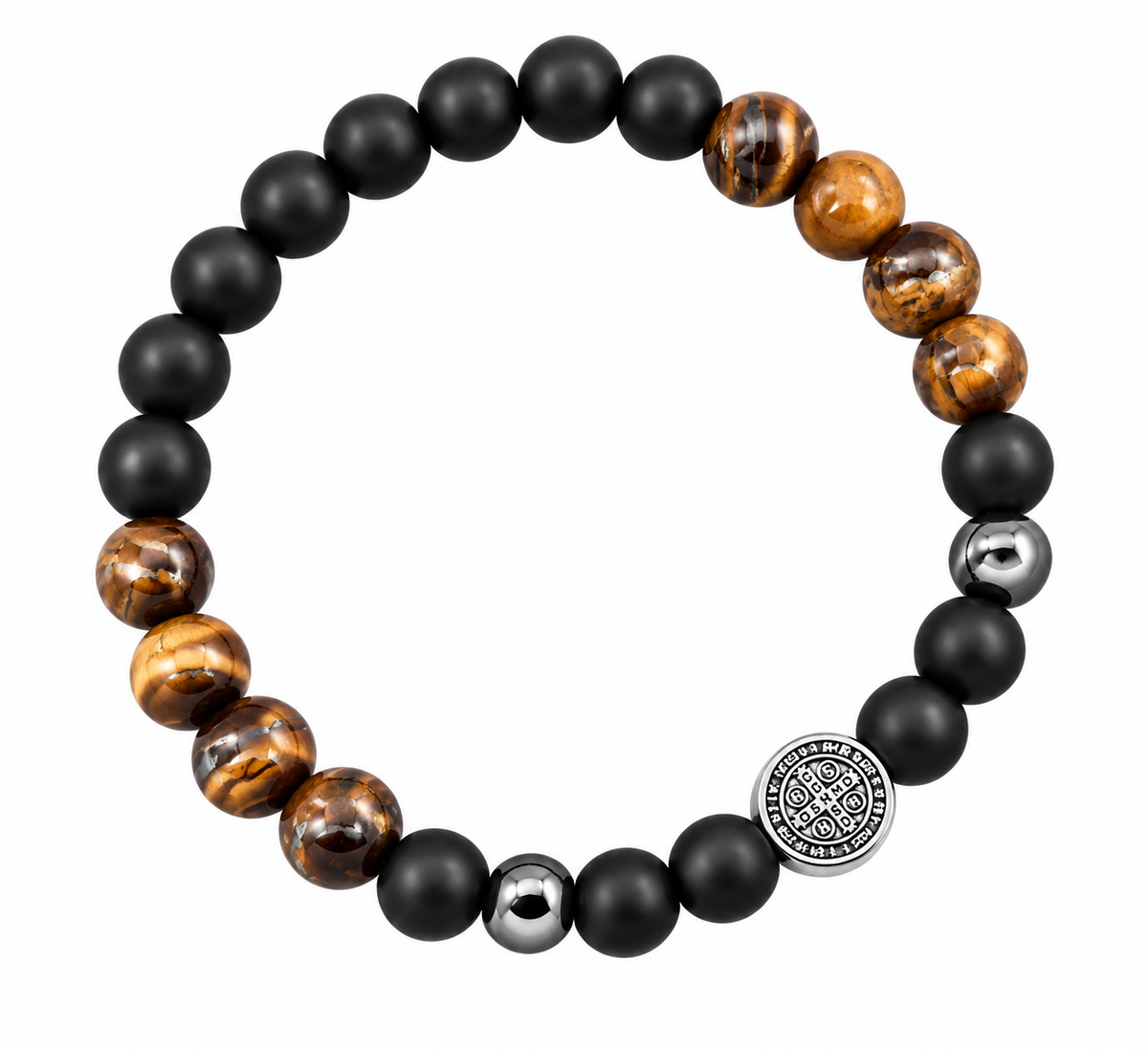 Pulsera en Ónix Mate y Ojo de Tigre con Medalla de San Benito | Templanza, Enfoque y Amparo Cotidiano