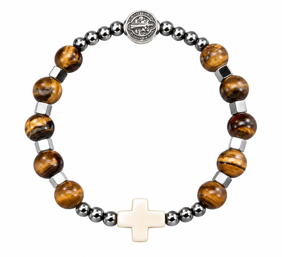 Pulsera Decenario en Ojo de Tigre con Medalla de San Benito y Cruz Blanca | Enfoque, Fortaleza y Amparo Espiritual
