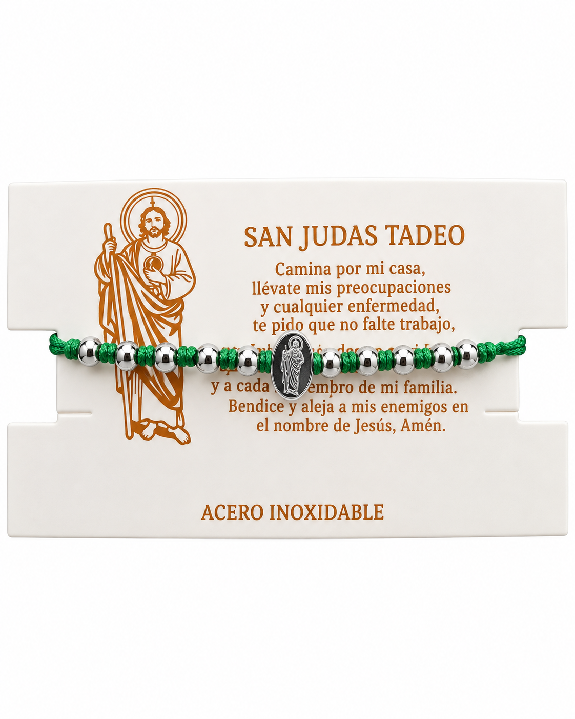 Pulsera de San Judas Tadeo en Acero Inoxidable con Hilo Verde | Trabajo, Esperanza y Amparo Familiar