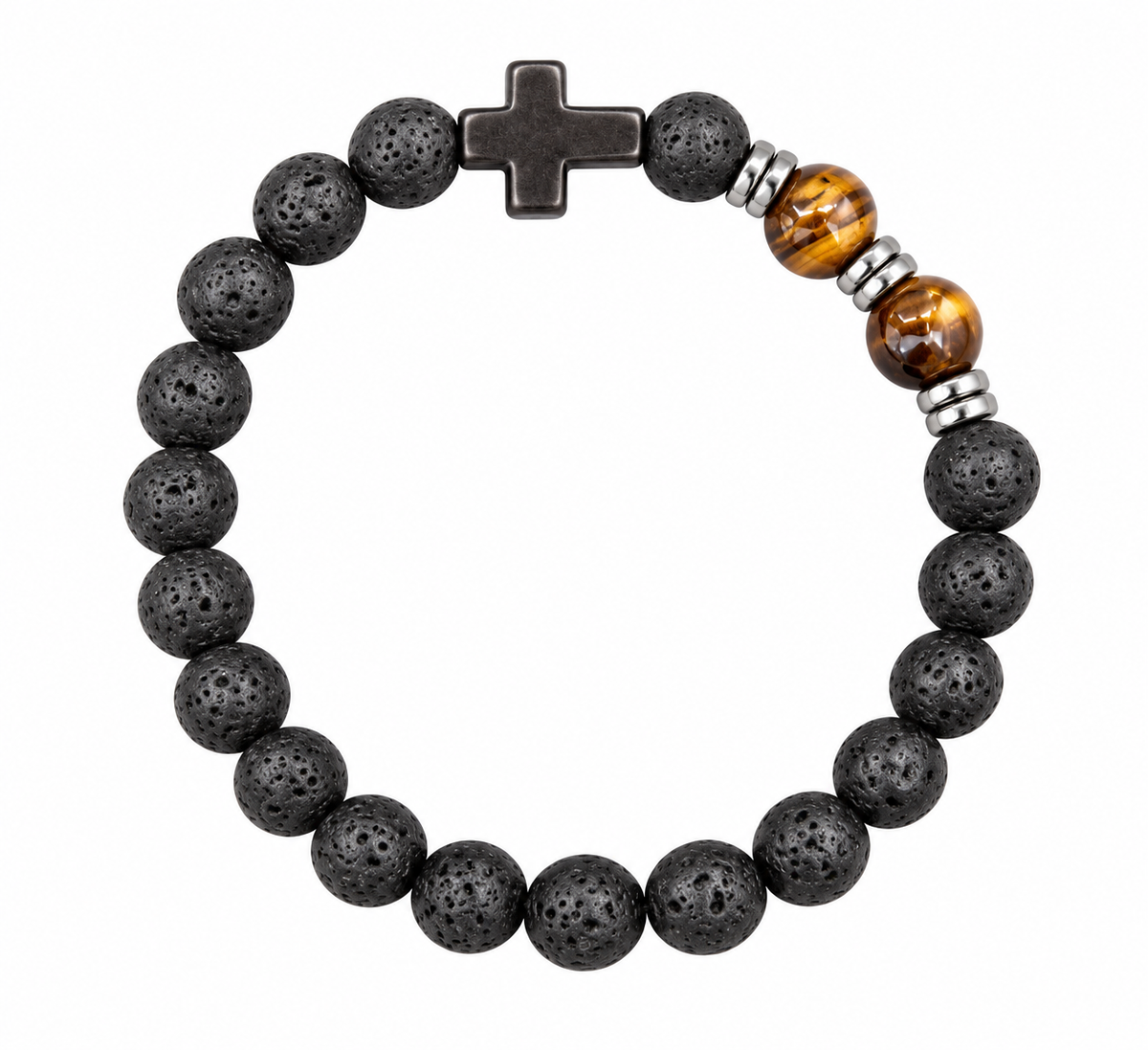Pulsera en Piedra Volcánica y Ojo de Tigre con Cruz Gunmetal | Fortaleza Interior, Enfoque y Resiliencia