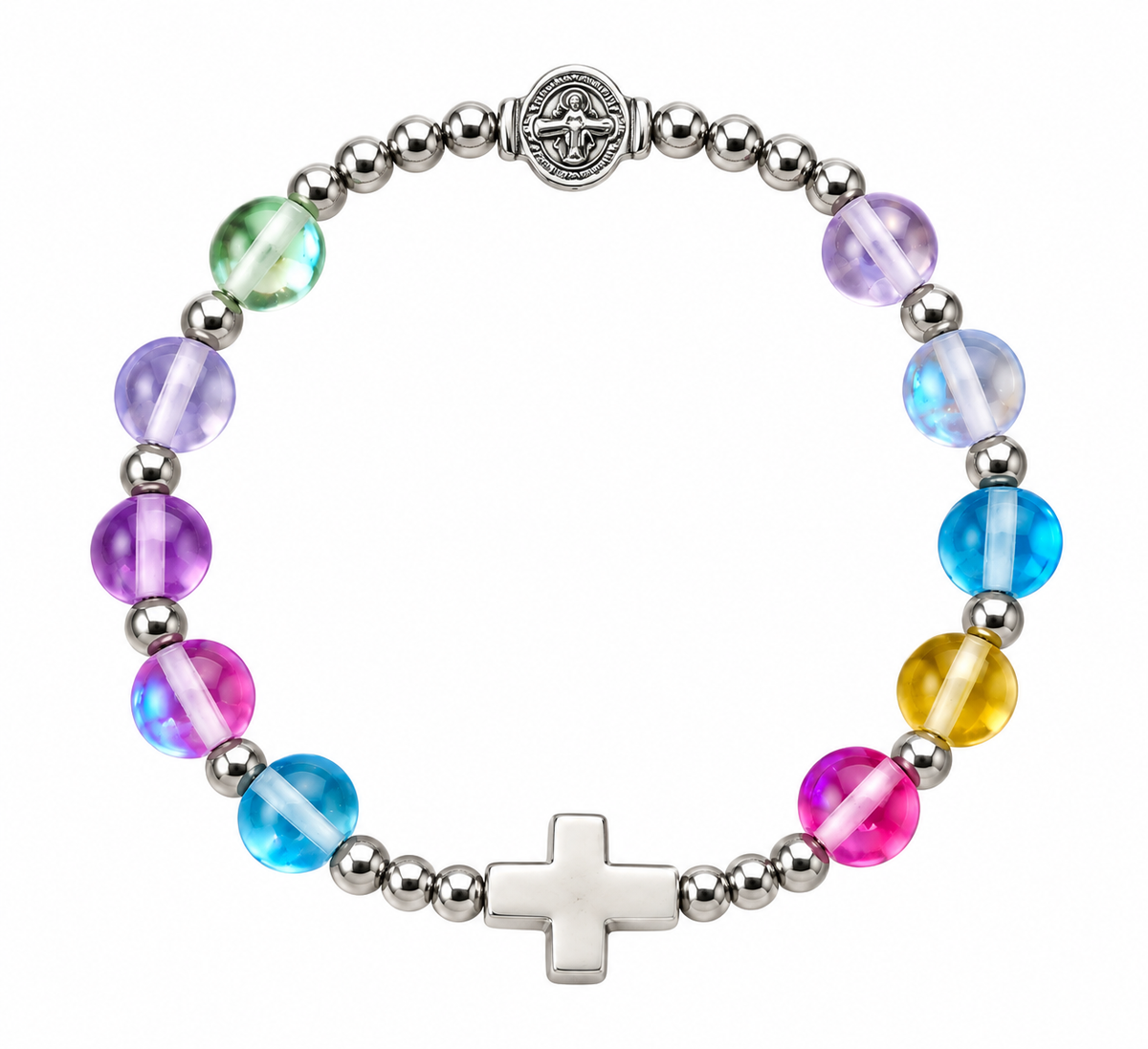 Pulsera San Benito Multicolor con Cruz en Acero | Luz, Discernimiento y Armonía Interior