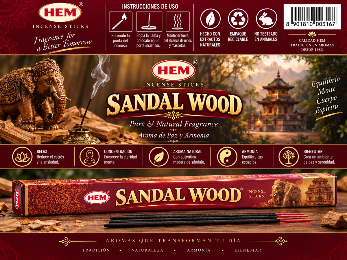 Incienso de Sándalo (Sandal Wood) - HEM | Paz, Claridad Mental y Armonía Espiritual