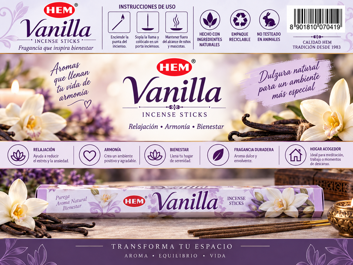 Incienso HEM Vainilla (Vanilla) - Relajación, Armonía y Hogar Acogedor