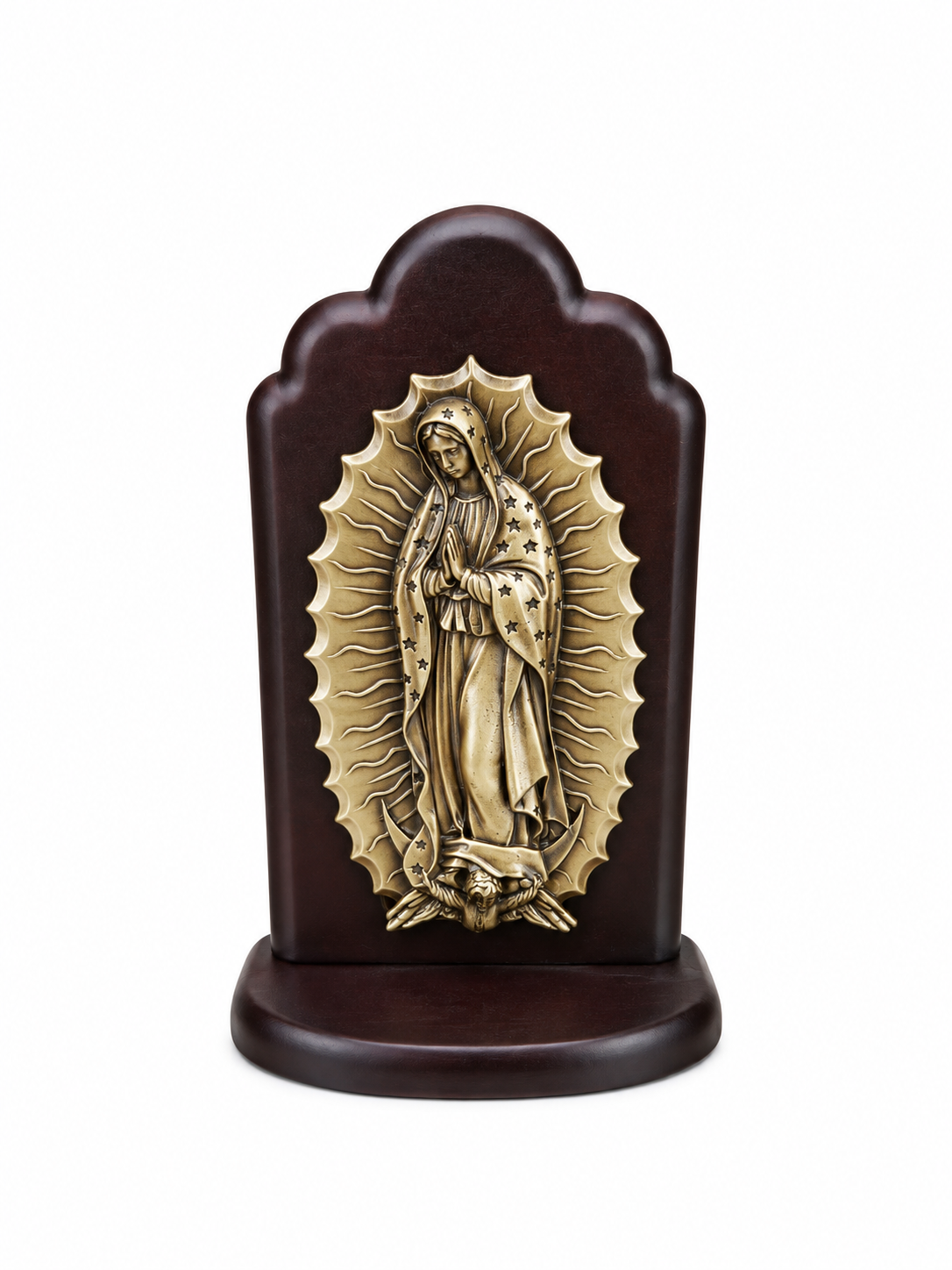 Retablo de Mesa Virgen de Guadalupe en Madera Caoba y Bronce